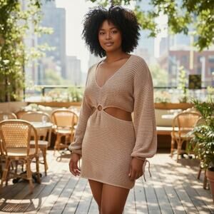Pink Lily Brown Open Knit Cut Out Mini Dress Swimsuit Cover Up Plus Size 3X